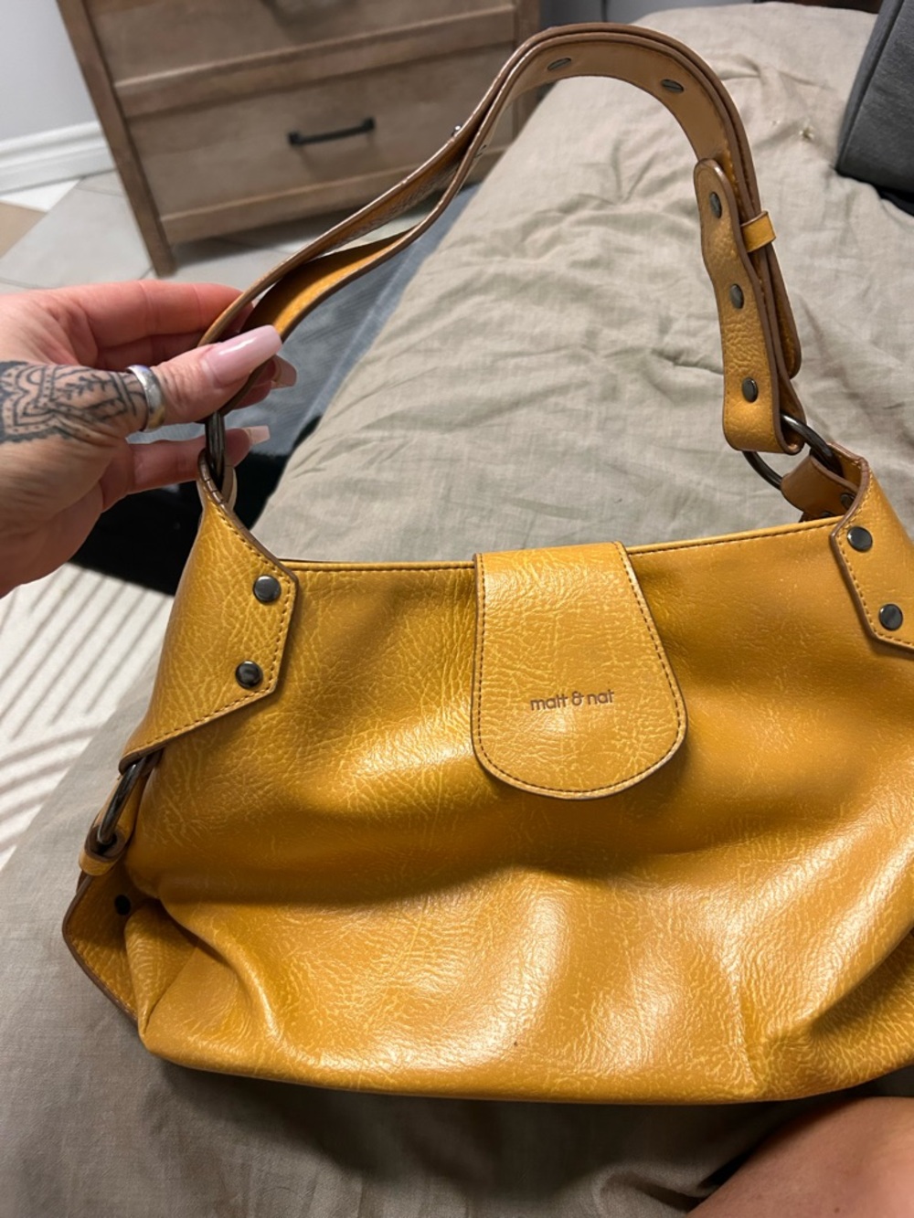 Matt & Nat Mustard Yellow Vegan Shoulder Bag with Stud Accents